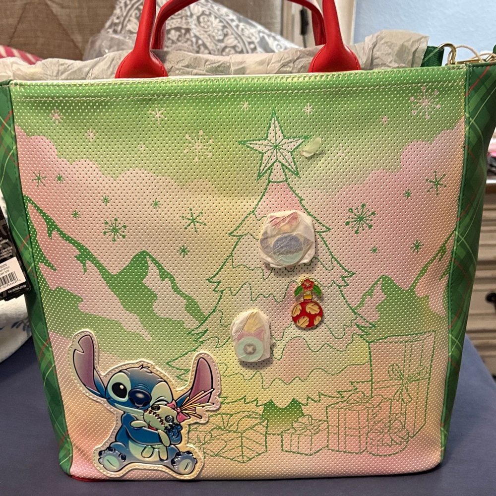 Loungefly Green and Pink Stitch Christmas Shoulder Bag